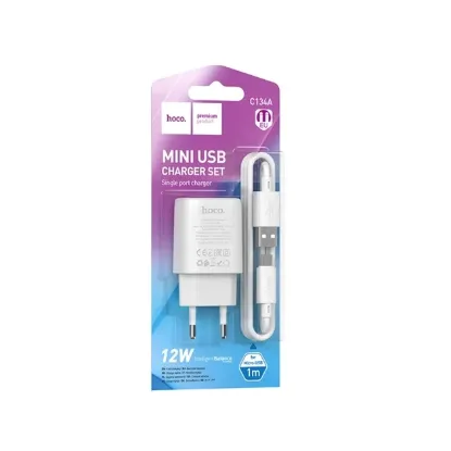 Зарядка 220V HOCO C134A 12W/1xUSB + microUSB Cable White