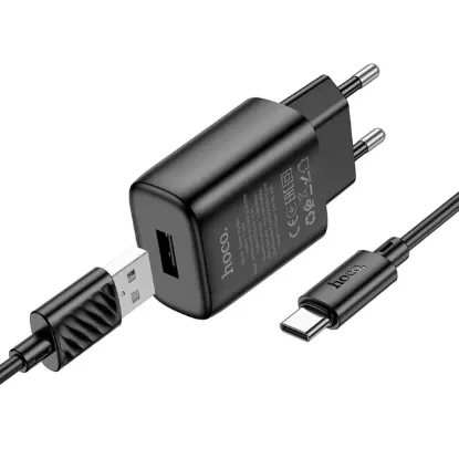 Зарядка 220V HOCO C134A 12W/1xUSB + Type-C Cable Black