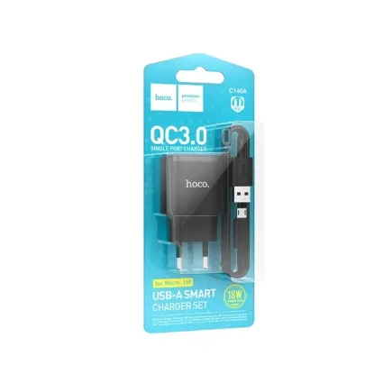 Зарядка 220V HOCO C140A 18W/QC3.0/1xUSB + microUSB Cable Black